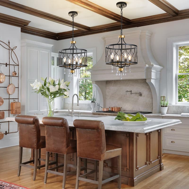 Modern Farmhouse Chandelier Dimmable Black and Gold Drum Chandeliers Light Fixture for Dining Room Living Room