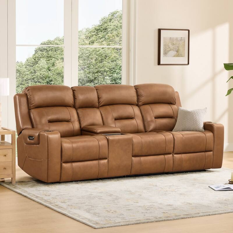 Spruce & Spring Genuine Leather Power Reclining Sofa with Wireless Charging