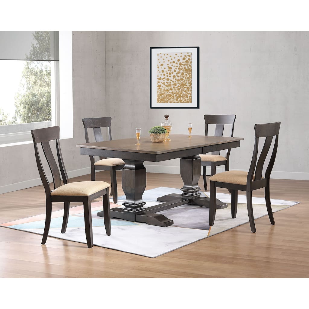 Double Transitional Pedestal Antique Grey Stone Black Stone Panel Back 5-Piece Dining Set