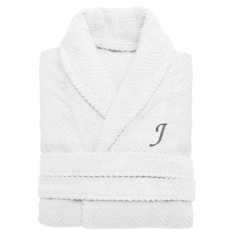 Authentic Hotel and Spa White with Grey Monogrammed Herringbone Weave Turkish Cotton Unisex Bath Robe - S/M - J