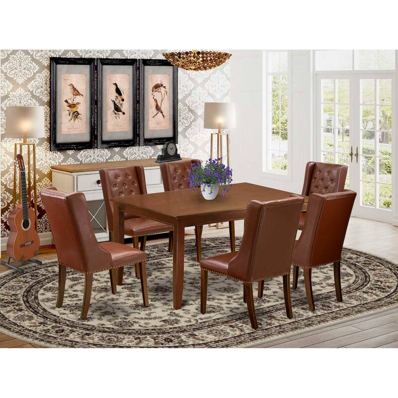 HomeStock 7-Piece Mahogany Finish Solid Wood Top Dining Table with 6 Parson Chairs