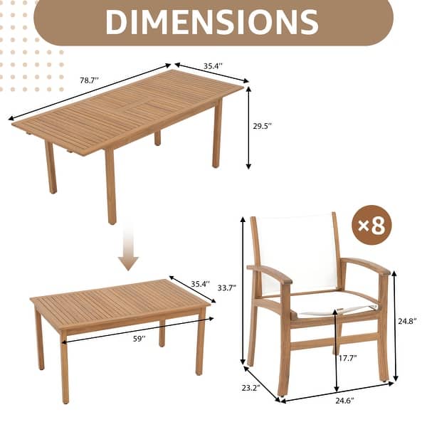 dimension image slide 1 of 2, 9-Piece Extendable Patio Dining Set with Acacia Wood Table & 6 Breathable Mesh Chairs, Outdoor Furniture Set