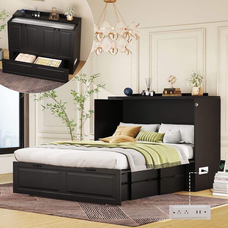 Murphy Bed Cabinet with Charging Port and Storage Drawer, White - Black