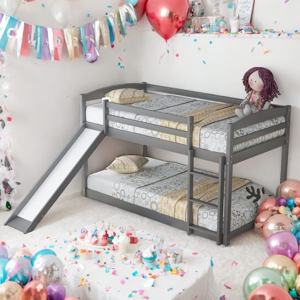 slide 2 of 17, Twin Over Twin Bunk Bed With Convertible Slide And Ladder for Home Grey