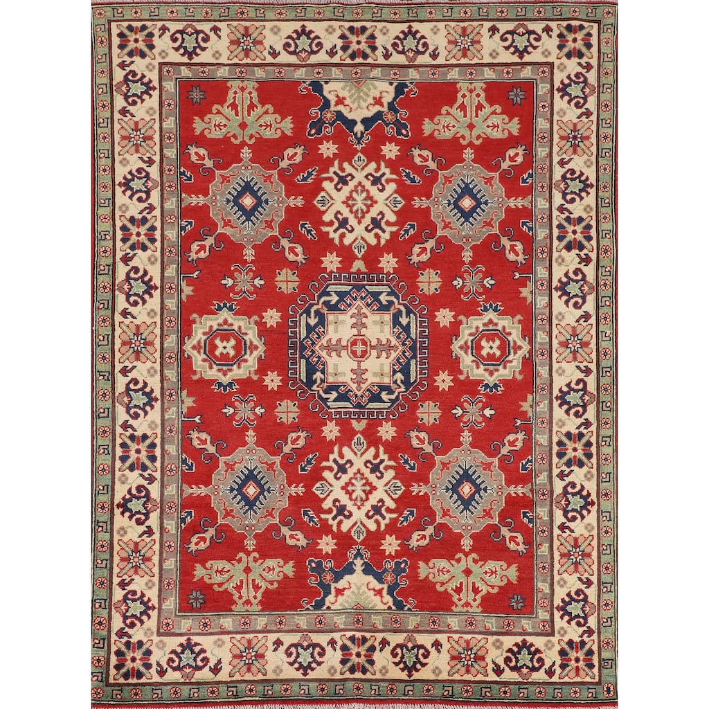 Geometric Red Kazak Oriental Rug Hand-Knotted Living Room Wool Carpet - 5'0" x 6'8"