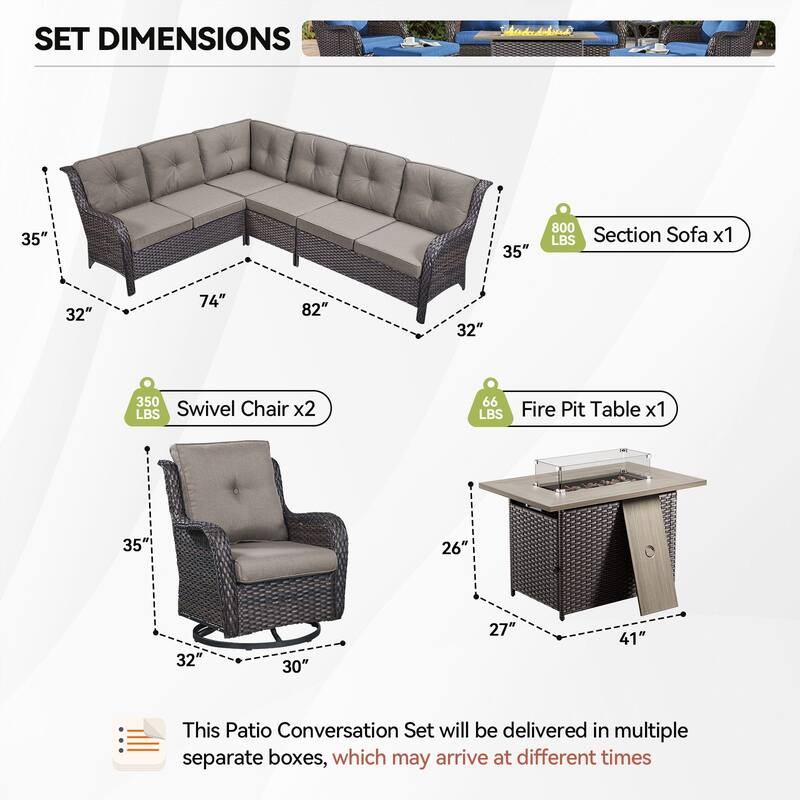 Outdoor 2 Sectional Sofa with Fire Pit Table Set