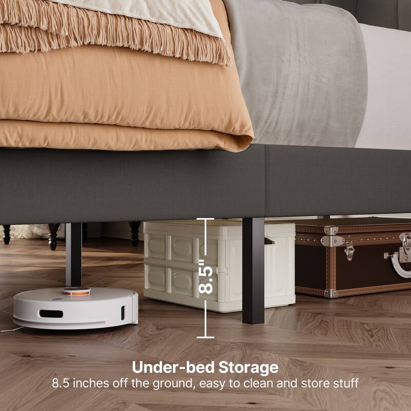 Full / Queen / King Bed Frame with Headboard, Upholstered Platform Bed with Sturdy Wooden Slats