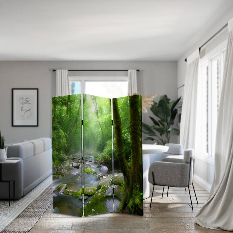 3 Panel Foldable Canvas Screen with Rainforest Print, Green - 6 x 12