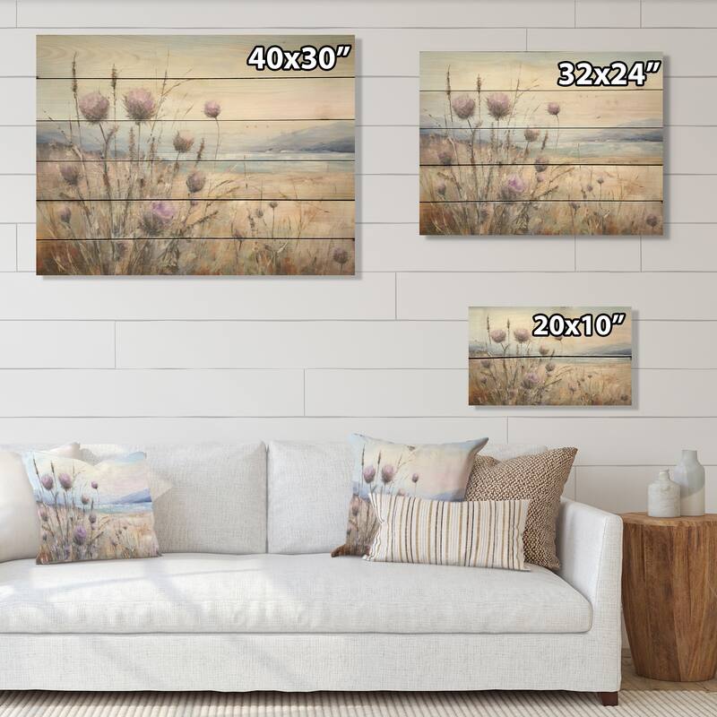 Designart "Purple Thistle Field Farmhouse Charm I" Thistle Wood Wall Art - Traditional Wood Panel On Natural Pine Wood