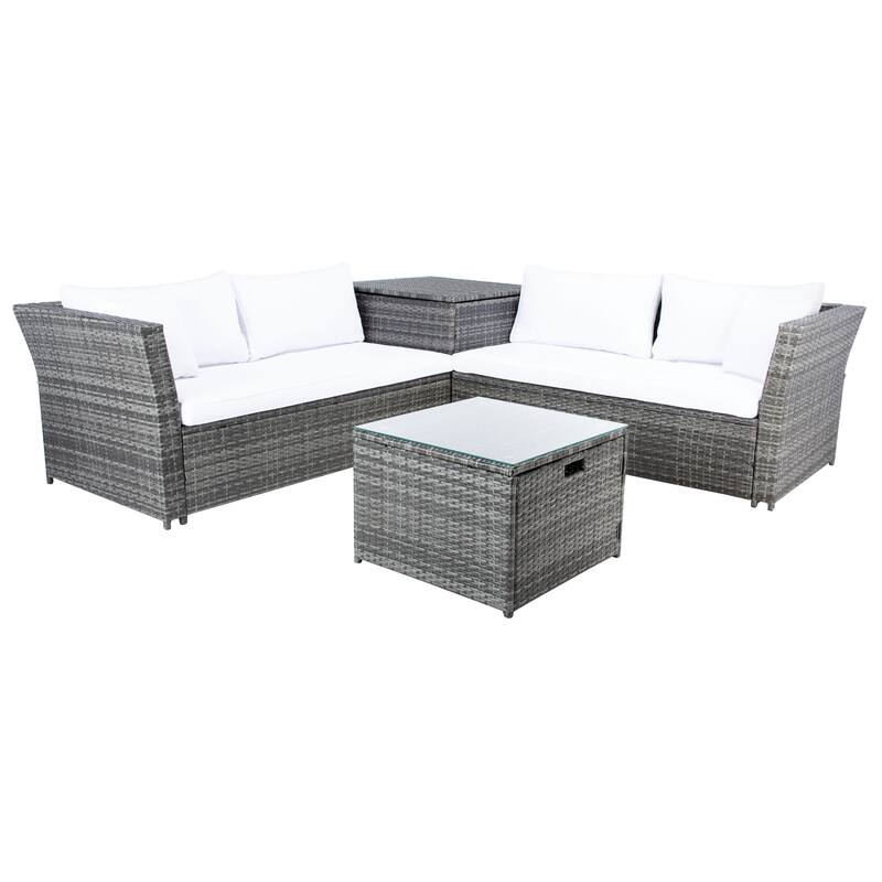 SAFAVIEH Helga Outdoor 4-Piece Conversation Patio Set with Storage - 57"W x 31"D x 26"H