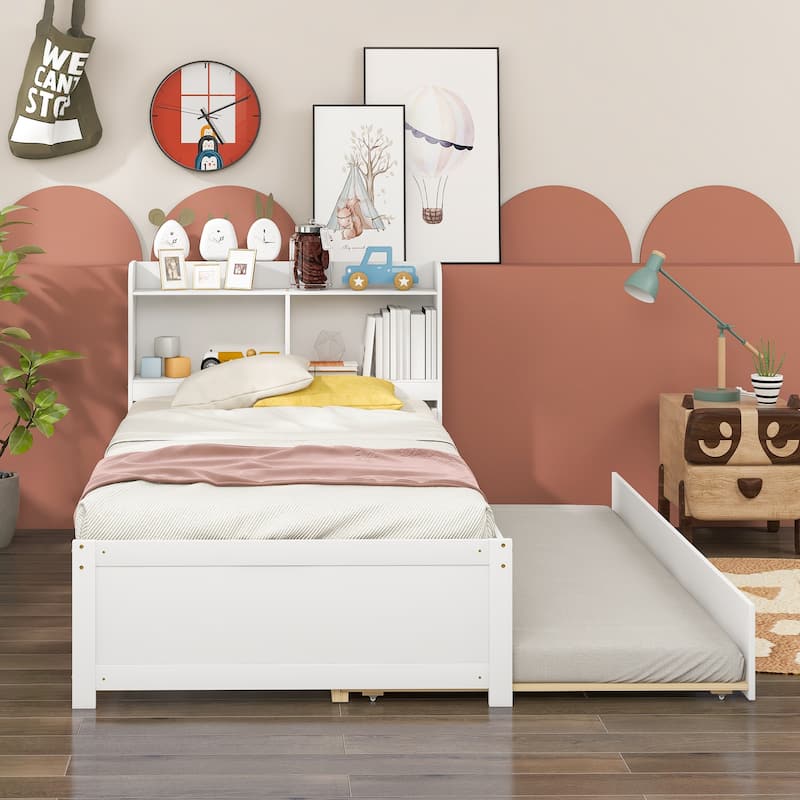 Space-Saving Twin Bed with Trundle and Integrated Bookcase in White