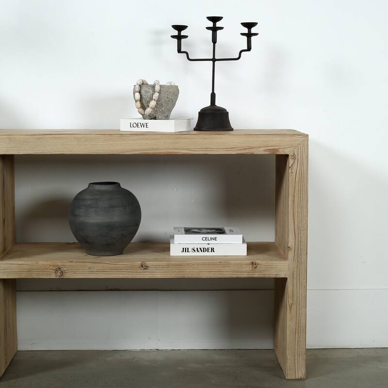 Long Waterfall Console with Double Shelves Weathered Natural Approx 87 inches