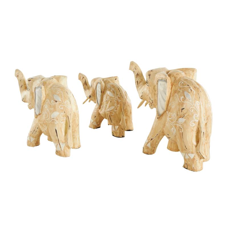 Wood Elephant Handmade Sculpture with Scroll and Floral Patterns - Set of 3 Light Brown - Roche River Decor - 11"W x 4"L x 9"H