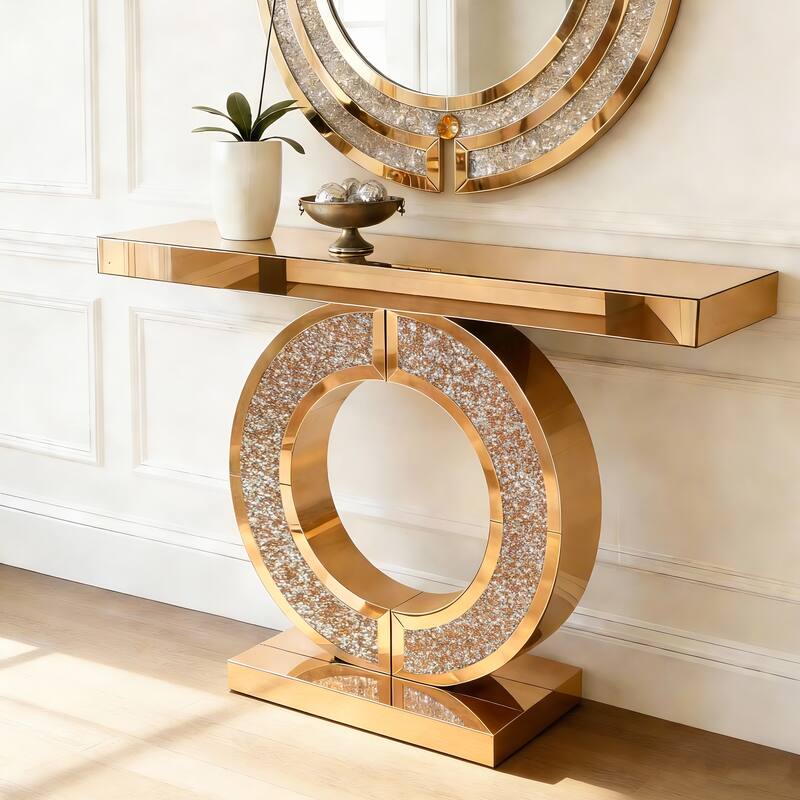 Mirrored Console Table With Crushed diamond Inlay, Long Entryway Sofatable, 0-Shaped Base Modern Accent Narrow Table