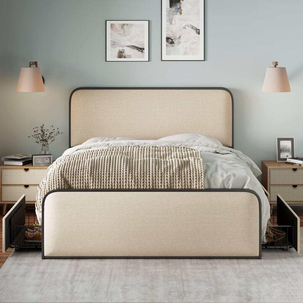 Beige King Size Metal Storage Bed with 4 Storage Drawers and Curved Upholstered Headboard