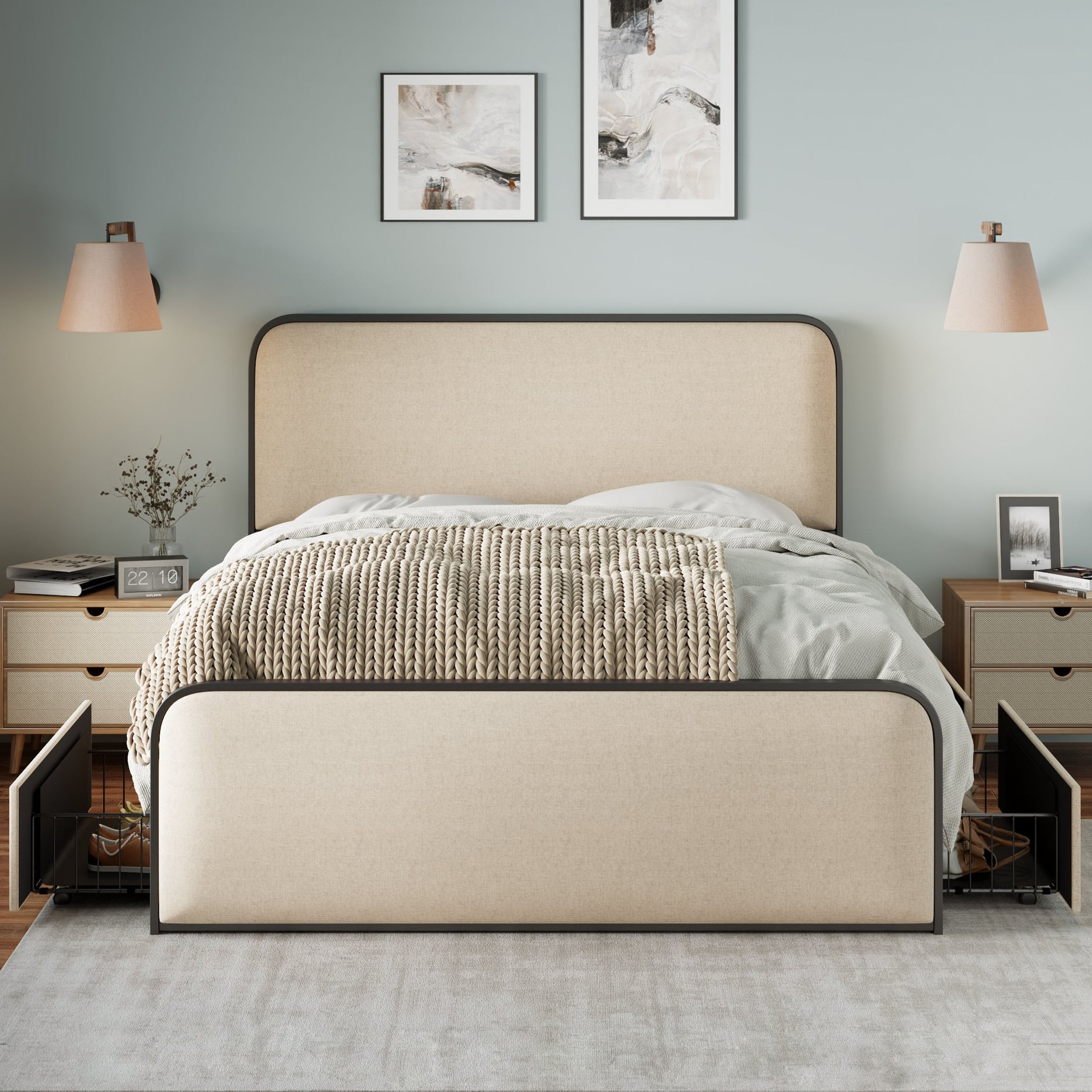 Roomfitters Queen/King Size Metal Bed Frame, Curved Upholstered Headboard and Footboard, Built-In Storage Base, Beige