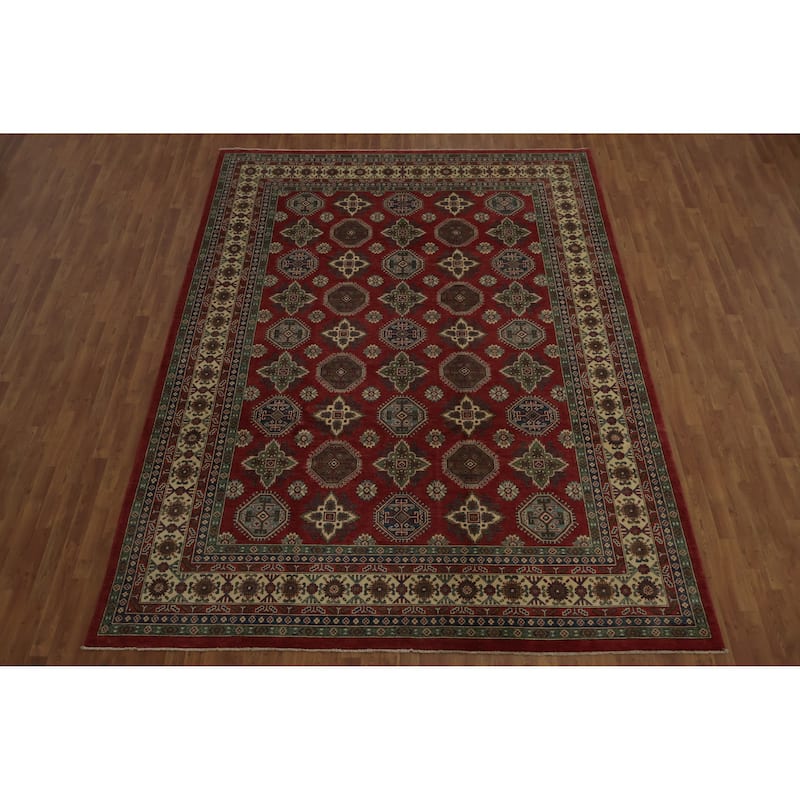Hand Knotted Oriental 100% Wool Carpet Traditional Geometric Red Kazak Area Rug - 12' 0'' X 9' 0''