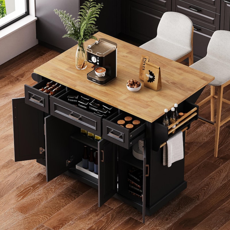 54-Inch Rubber Wood Kitchen Island With Drop Leaf, 4 Wheels, 4 Doors, 3 Drawers, For Kitchen Or Dining Room Storage. - 54inch
