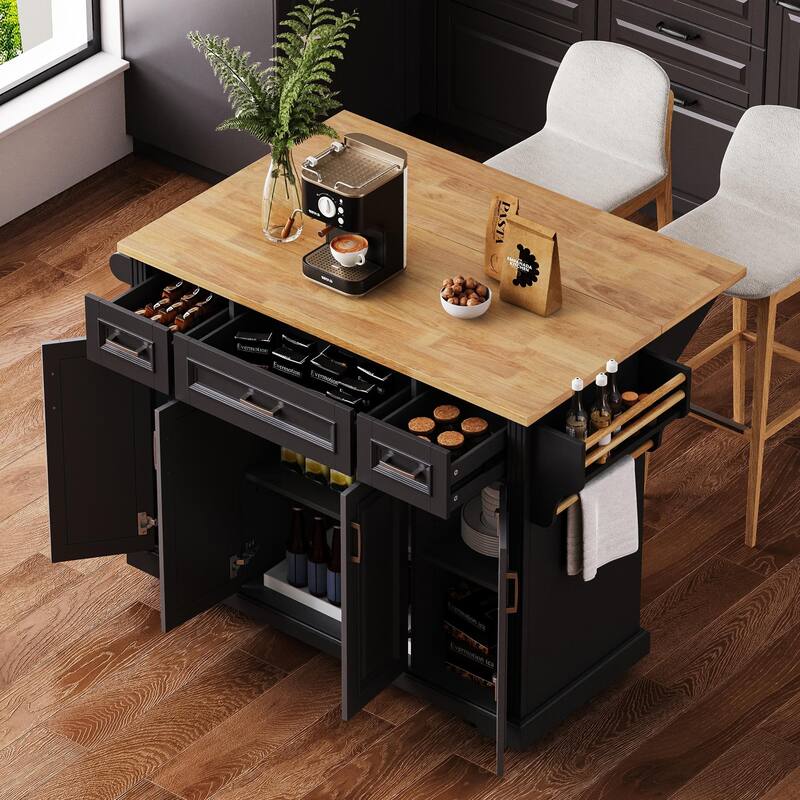 Modern Large Kitchen Island with Folding Board 3 Drawers, 4 Doors, Spice Rack and Towel Rack, for Kitchen