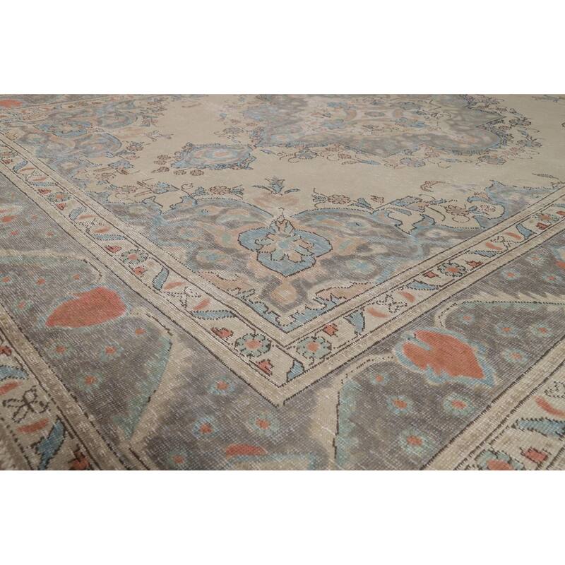 Geometric Tabriz Persian Rug Hand-Knotted Beige Wool Carpet - 8'2"x 10'6"
