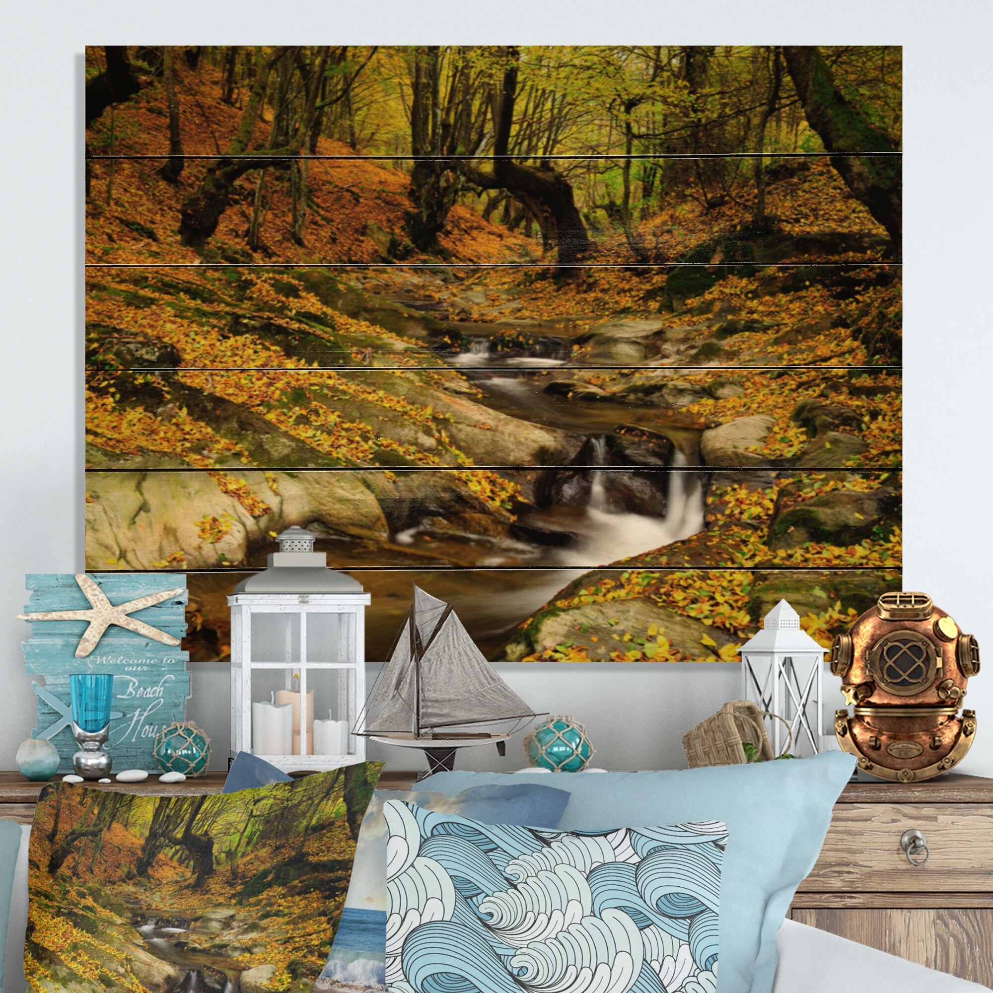 Designart 'Beautiful Autumn Forest Waterfall IX' Traditional Wood Wall Art  Panels Natural Pine Wood Bed Bath  Beyond 36736636