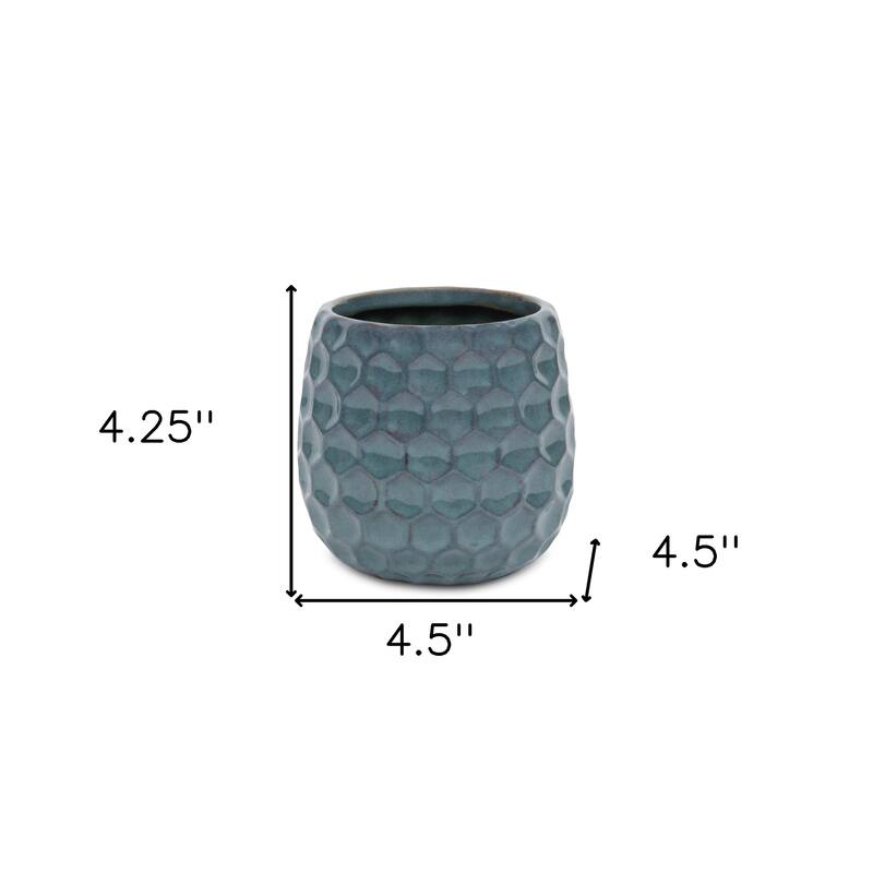 HomeRoots Blue Ceramic 15 Ounce Round Distressed Pot Planter - 4.50 in. x 4.25 in. x 4.50 in.