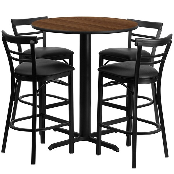 Dyersburg 5pcs Table Set Round 24" Walnut X-Base, Black Barstool