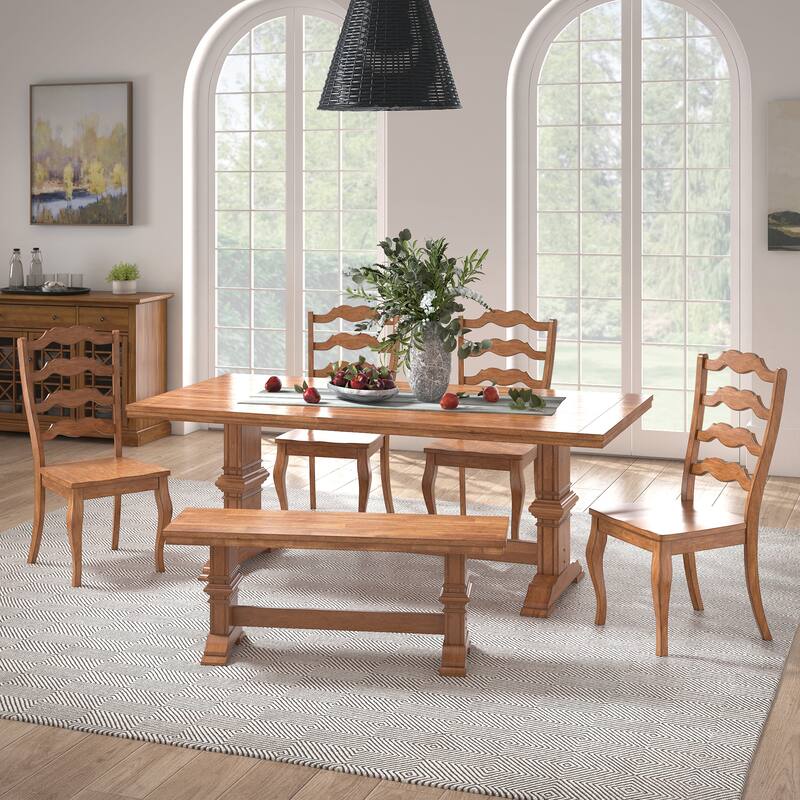 Ronda 78" Rectangular Solid Wood Top Dining Set with French Ladder Back Chairs - Oak Table - Oak Chairs and Bench