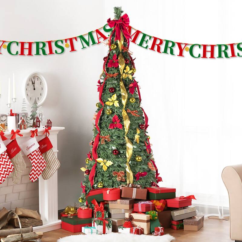 Pop-Up Christmas Tree with 150 Warm White UL Lights - Pre-Decorated with Red & Gold Ornaments, Flowers, Ribbons & Bows - Gold+Green+Red - 6 Foot