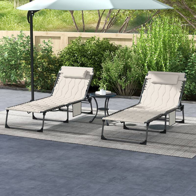 Folding Tanning Chair Set of 2, Outdoor Recliner Lounge Chairs with Pillow, Storage Pocket & Adjustable Backrest - khaki