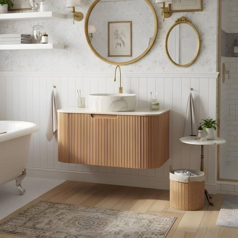 Floating Bathroom with Round Ceramic Basin and Storage Drawer