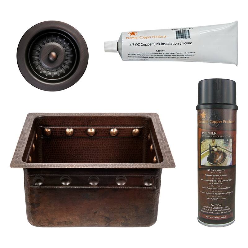 16" Gourmet Rectangular Hammered Copper Bar/Prep Sink w/ Barrel Strap Design, Matching Drain and Accessories
