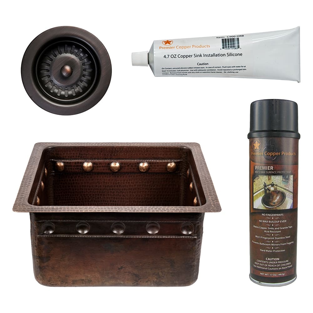16" Gourmet Rectangular Hammered Copper Bar/Prep Sink w/ Barrel Strap Design, Matching Drain and Accessories