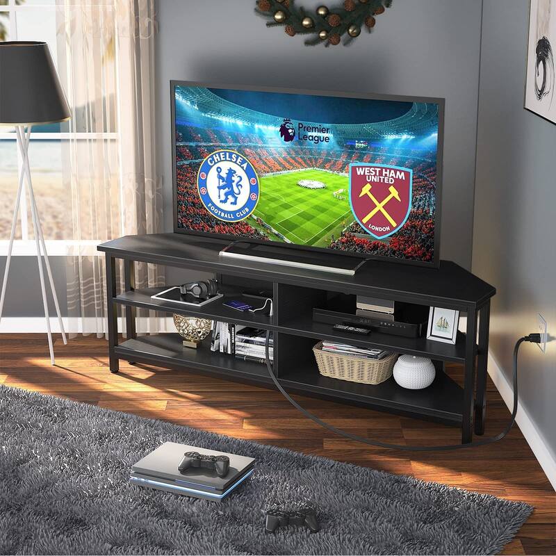 Farmhouse Wood Corner TV Stand with Power Outlet, Space Saving Entertainment Center Media TV Console Table
