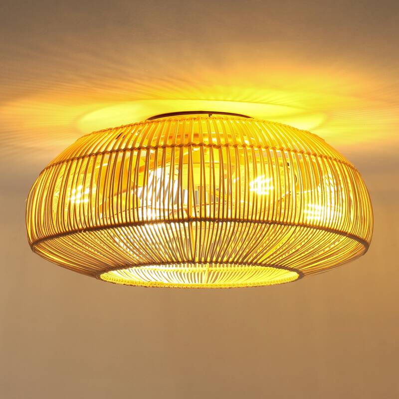 20-in Coastal Weave Rattan Gold Flush Mount Caged Ceiling Fan with Remote
