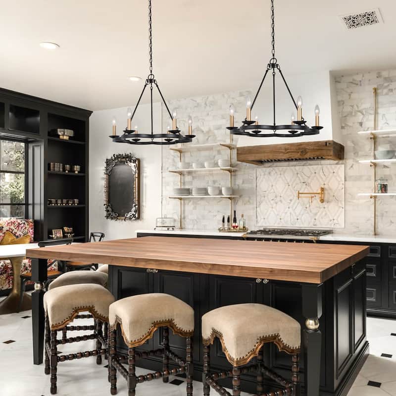 Modern Transitional Wheel Candle Chandelier Black Gold Dining Room Pendant