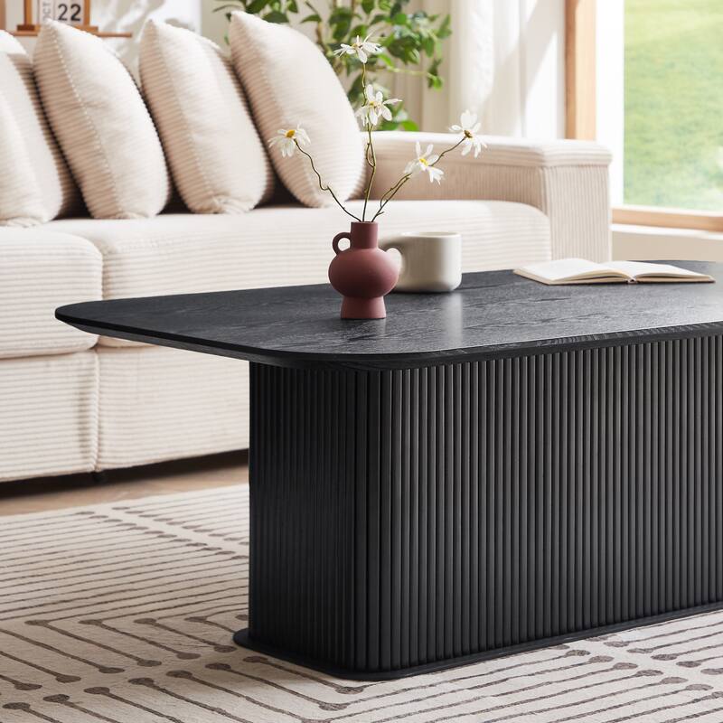 Modern Coffee Table Stylish Rectangular Center Table with Oak Tabletop and Frame, for Living Room, Black