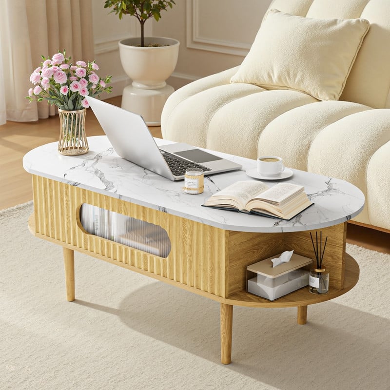 47" Fluted Lift Faux Marble Top Coffee Table, Wood Oval Center Table With 3 Hidden Compartment & 4 Open Space - Natural