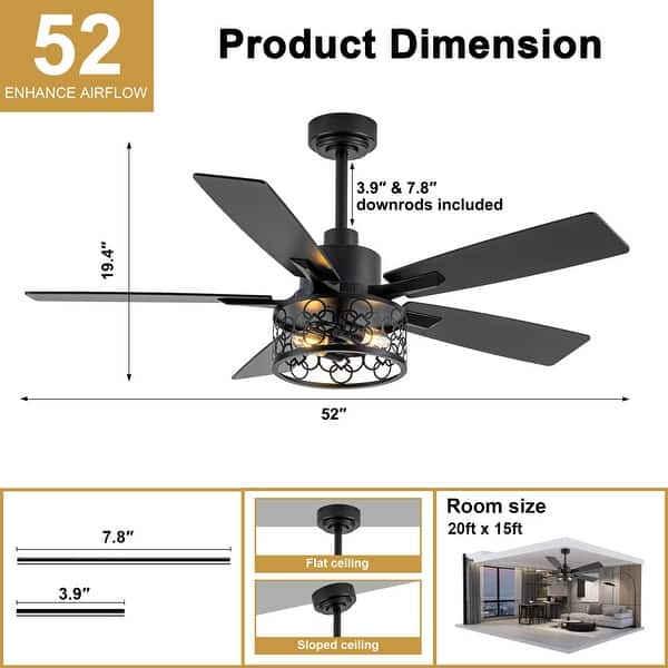 dimension image slide 0 of 2, Cusp Barn 52/60/72 Inch Farmhouse Caged Ceiling Fan with Lights and Remote, Industiral 6 Speeds Chandelier Ceiling Fan