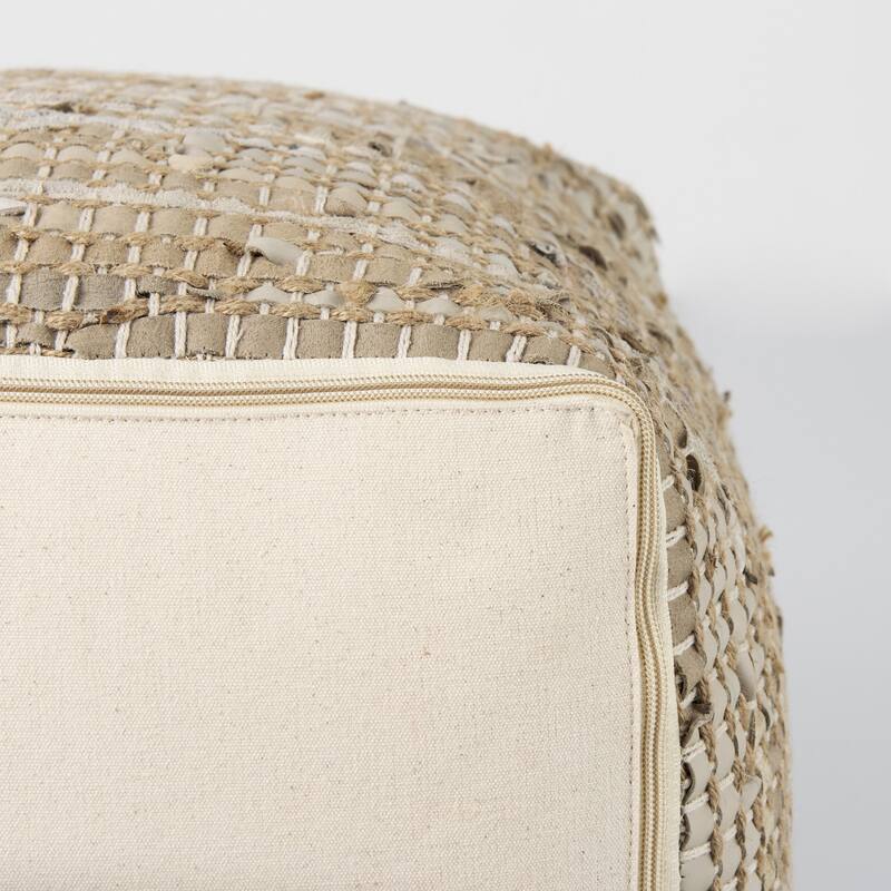 Mercana "Aalia" Beige Leather & Jute Square Pouf