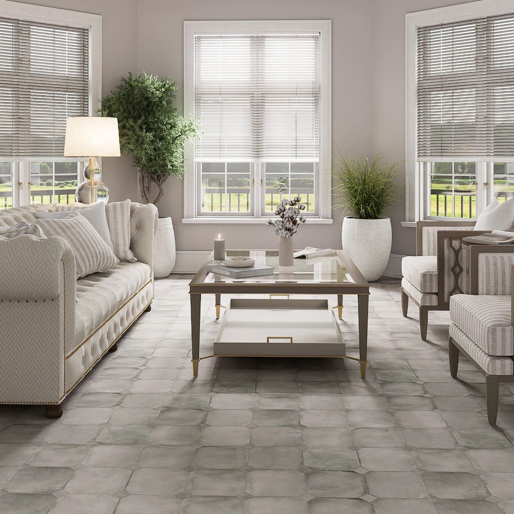 Merola Tile Laverton Octagon Gris with Taco Gris 7-7/8" x 7-7/8" Porcelain Floor and Wall Tile