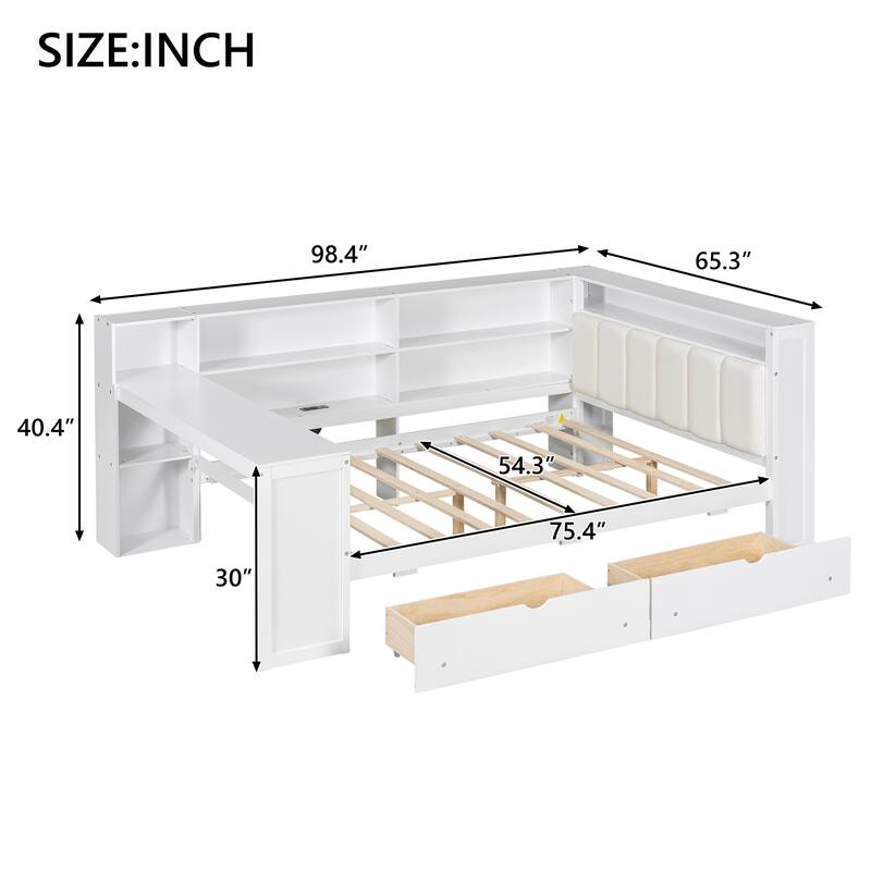 LED Platform Daybed, Wooden Sofa Bed Frame with Built In Desk, Charging Station, Upholstered Headboard, 2 Drawers and Shelves