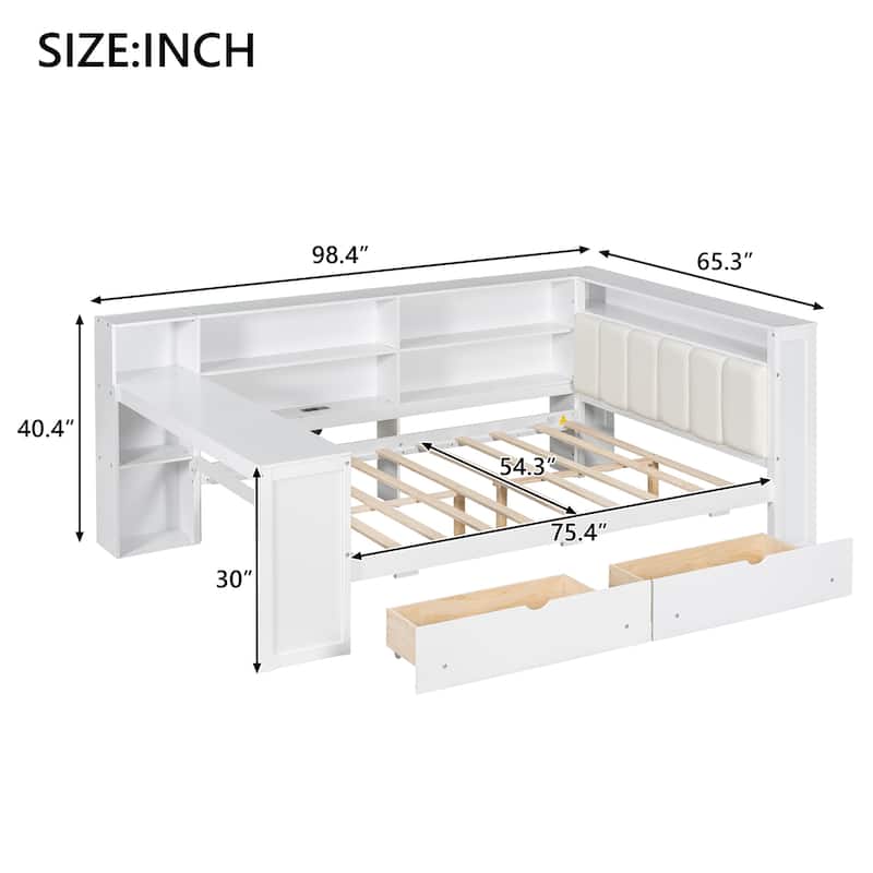 Wood Full Size Platform Bed with Storage Shelves Drawers and Charging Station