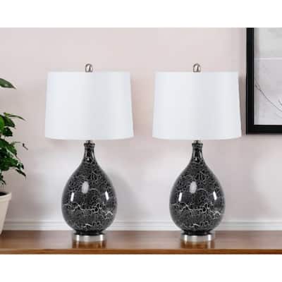 Set of 2 Modern Grey Glass Table Lamps with White Linen Empire Shade and Geometric Base - 28”H x 6”W x 6”D