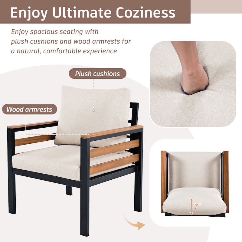 Roomfitters 4-Piece Outdoor Patio Furniture Set with 3-Seater Sofa, 2 Armchairs and Coffee Table, Wood Accents