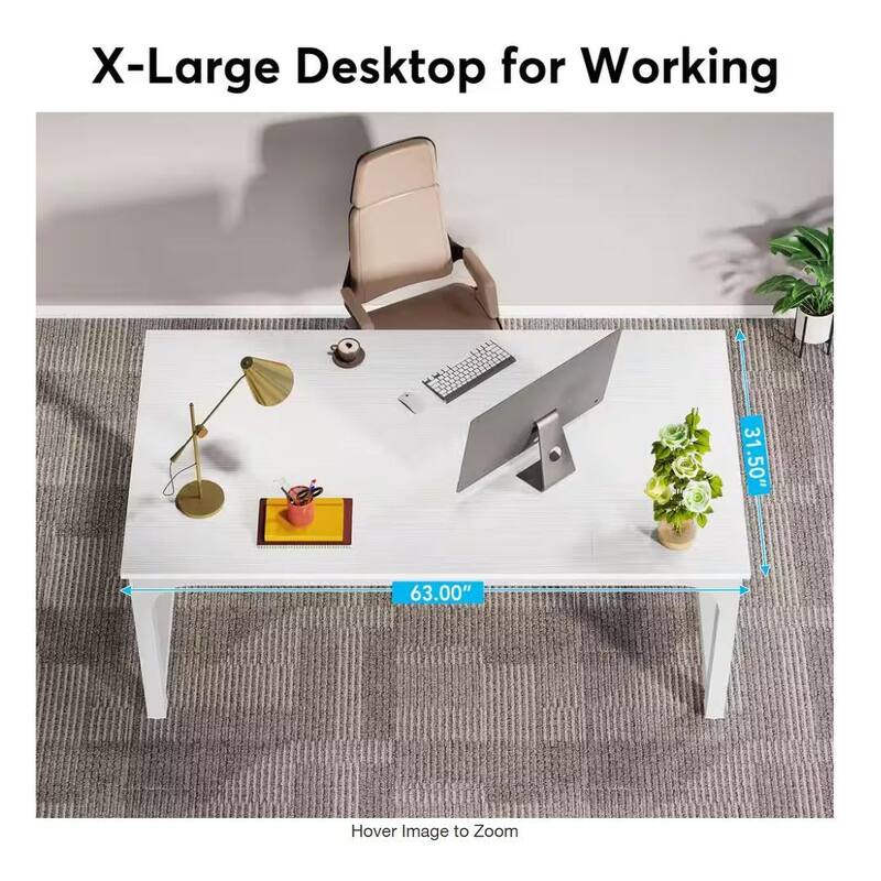 63" Executive Desk, Large Modern Office with Thick Metal Frame, White Finish