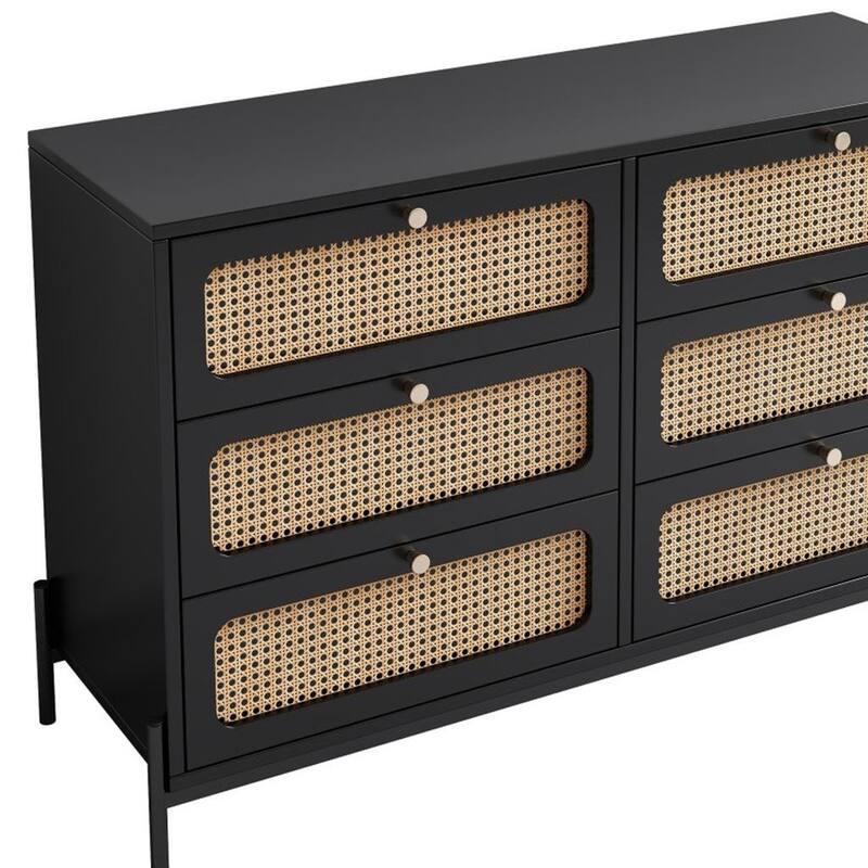 HomeRoots 47" Black Wood And Rattan Six Drawer Double Dresser