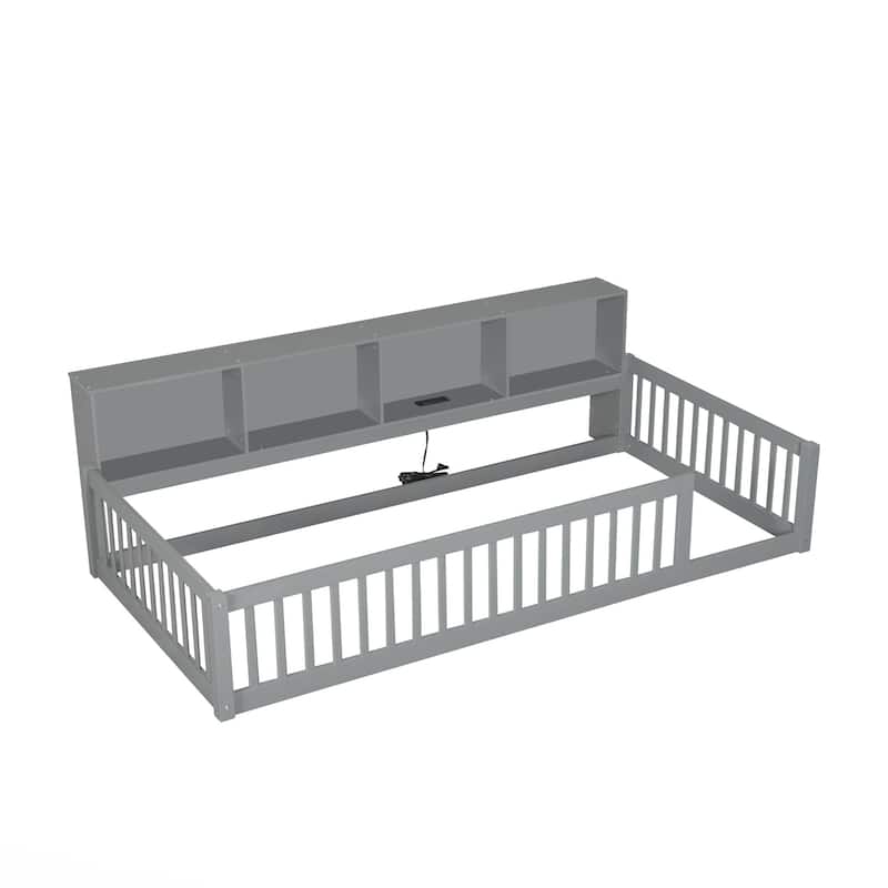 Wood Twin XL Size Floor Bed with Storage and USB Ports