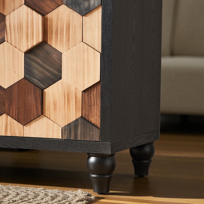 59" Modern Distressed Honeycomb Wood Storage Cabinet with Doors, Accent Buffet Sideboard for Living Room or Entryway