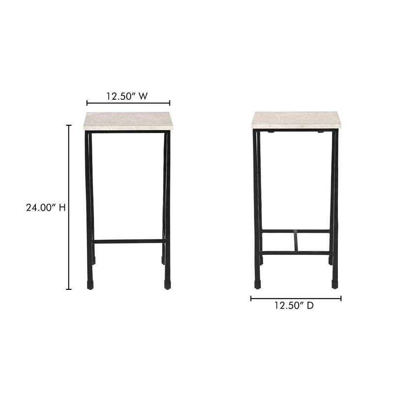 NADAAL STUDIOS Tylienne Side Table, Italian Botticino Marble, Hammered Blackened Iron Base